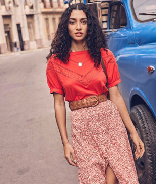 Picture of MARIA RED OPENWORK COTTON T-SHIRT